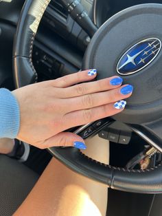 Yamaha Blue Nails, Fourth Of July Nails Checkered, Bright Blue And White Nails, 4th Of July Checkered Nails, Colorful Short Square Nails, Royal Blue Checkered Nails, White Blue Nails Ideas, Race Flag Nails, Blue And White Checkered Nails