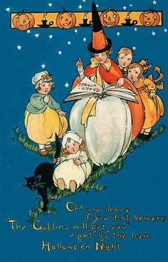 an old fashioned halloween card with children reading