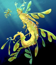 an image of a yellow sea horse in the water with its legs spread out and it's tail stretched out