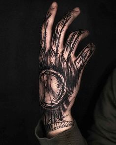 a man's hand with black ink on it and an eye in the middle