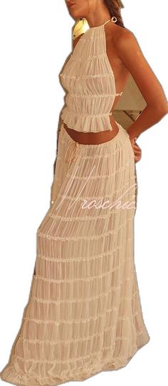 Elegant Ruched Maxi Skirt For Summer, Feminine Ruffled Maxi Skirt, Feminine Maxi Skirt With Ruffles, Feminine Maxi Skirt For The Beach, Feminine Beige Maxi Skirt For Summer, Summer Flowy Ruched Maxi Skirt, Feminine Flowy Maxi Skirt For Beach, Beige Maxi Length Spring Bottoms, Beige Maxi Length Bottoms For Spring