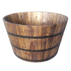 a wooden bucket is shown on a white background