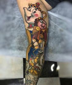 the leg is decorated with cartoon characters on it