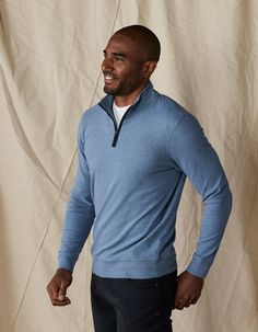 The Weekend Quarter Zip is a soft, stretchy, and lightweight quarter zip pullover that was made for that cool transition into fall. Puremeso fabric means it's soft and drapes over your body, and double needle stitching means that it won't fall apart in six months. The Weekend Quarter Zip is a quick and easy way to polish a t-shirt look, and wears just as well at the office as it does on a morning dog walk. Puremeso When we started this company out of our parents' basement we had four shirts - th Half-zip Stretch Sweater, Blue Stretch Half-zip Top, Versatile Half-zip Fall Tops, Versatile Half-zip Tops For Fall, Blue Long Sleeve Tops With 4-way Stretch, Blue Half-zip Lounge Top, Blue Half-zip Top For Loungewear, Overshirt Women, Fall Color Trend