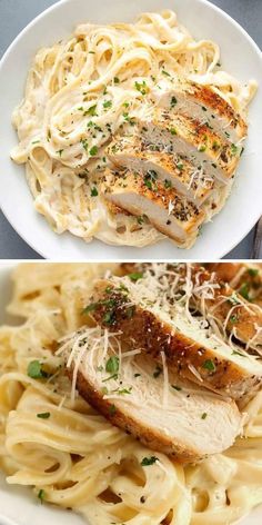 two plates of pasta with meat and parmesan cheese on top, one has chicken