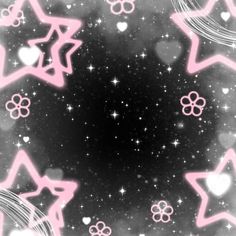 pink stars and swirls in the middle of a black background with white stars on it