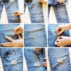 a collage of photos showing how to sew an old pair of jeans