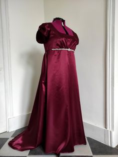 French Purple, 1800's Dress, Womens Costumes, Regency Dress, Rhinestone Dress, Dress Silhouette, Polyester Satin, Women's Costumes, Historical Fashion