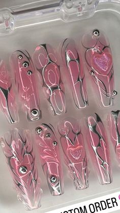 Pink Gyaru Nails, Pink Silver Nails, Pink And Silver Nails, Fake Nails Designs, Punk Nails, Anime Nails, Goth Nails, Girly Acrylic Nails, Her Nails