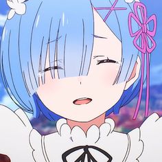 an anime character with blue hair and white dress