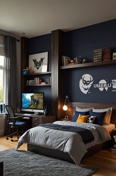 a bedroom with dark blue walls and wooden floors