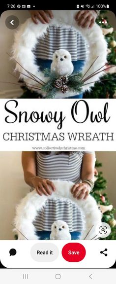 the snow owl christmas wreath is displayed on an iphone