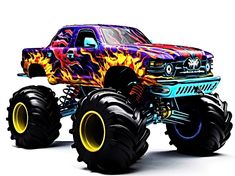 a monster truck with flames painted on it