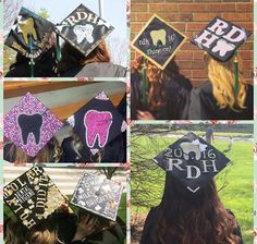 several pictures of graduation caps with different designs and words on them, all decorated in black and white