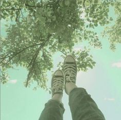 a person standing under a tree with their feet up