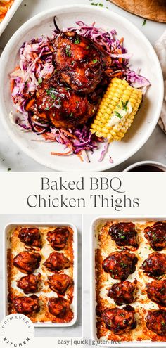 baked bbq chicken thighs with corn on the cob and coleslaw slaw