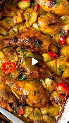 chicken with potatoes and peppers in a casserole dish