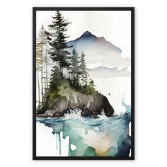 a watercolor painting with trees and mountains in the background