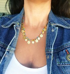 "A beautiful necklace designed in a boho-chic style. the necklace made from beads with a Gold plated coins pendant. you can order this necklace in silver color too. chain size : 11.8\" (30cm) up to 17.7\" (45cm). pendant width: 0.38\" (1cm) Pendant height: 0.38\" (1cm) ♦ This piece of jewelry is perfect as a gift for yourself, for a friend, Valentine's day or a birthday. If you're interested in sending a gift to a third party, just write your message to the recipient and I will do so with joy. ♦ Gold Necklaces Aesthetic, Beaded Necklaces Ideas, Unique Gold Necklace Designs, Seed Bead Necklaces, Colorful Beaded Necklace, Beautiful Gold Necklaces, Gold Coin Necklace, Bead Necklaces, Coin Pendant Necklace