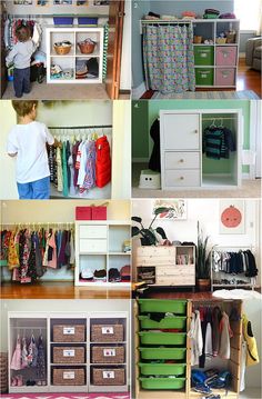 a collage of photos showing different closets and clothes in various rooms, including a child's bedroom