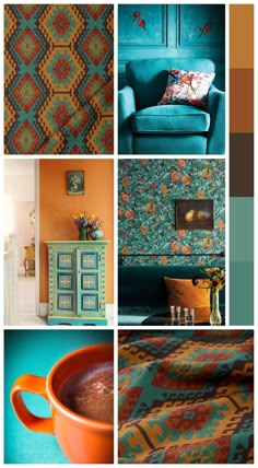 a collage of photos with different colors and patterns on them, including an orange coffee cup