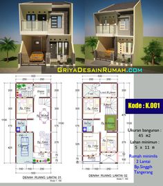 two story house plan with 3 bedroom and 2 bathrooms in the front, side by side