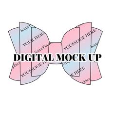 a pink bow tie with the words digital mock up in black and white letters on it