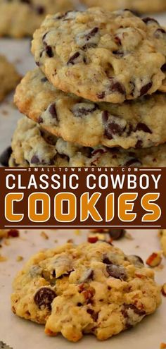 three cookies stacked on top of each other with the words cowboy cookies in red and white