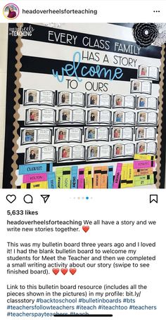 an image of a teacher's classroom bulletin board with the words every class family has a story to come to ours