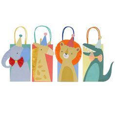 three small bags with animals on them and one has a red bow around its neck