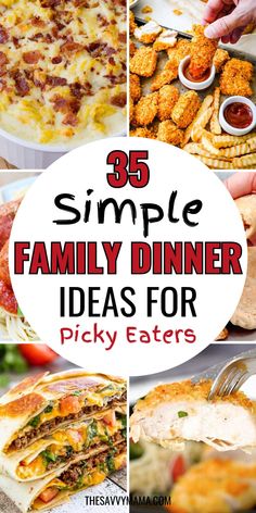 A collage of simple family dinner ideas for picky eaters, featuring cheesy pasta, crispy chicken tenders, quesadillas, and stuffed bread. Ww For Picky Eaters, Simple Family Dinners Picky Eaters, Dinner Recipes Fast And Easy, Dinner Recipes For Family Picky Eaters, Healthy Family Dinners For Picky Eaters, Healthy Dinner Recipes For Two Picky Eaters, Yummy Dinner Ideas For Kids, Ways To Eat Veggies For Picky Eaters, Dinner For Picky Adults