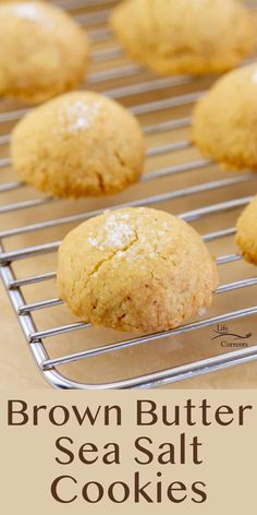 brown butter sea salt cookies on a cooling rack with the words, brown butter sea salt cookies