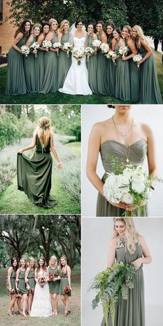 the bridesmaids are all dressed in green dresses and bouquets for their big day