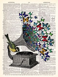 an old record player with colorful butterflies coming out of it's top and flying from its back