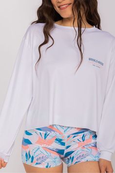 Let us introduce your new favorite sun shirt, The Girlfriend Top! Remember that traditional, cotton, long sleeve fishing shirt that your grandpa & dad used to wear!? This is our take on that traditional top but with some major upgrades! Enjoy the same relaxed, comfortable fit, with a whole lot of feminine touches like the softest fabrics, cropped bottom, and beautiful graphics that make the cutest outfit. Product Details UPF +50 Solar Protection 91% Polyester 9% Lycra Moisture Wicking Technology Beach Relaxed Fit Soft-washed T-shirt, White Soft-washed Beach T-shirt, Beach-ready Cotton Camp Collar Top, Shell Mermaid, Solar Protection, Sun Shirt, The Girlfriends, Clam Shell, Fishing Shirts