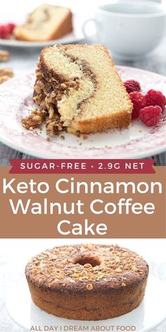 keto cinnamon walnut coffee cake on a plate with raspberries