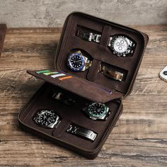 Each watch case we make has beautiful story to tell from its unique design. Our watch cases are handcrafted using 100% full grain genuine leather which are carefully selected to ensure quality, uniqueness and human connection. Our watch cases are very durable because of its improved tenderness and elasticity, ideal thickness, and of course silk touch.       ITEM DETAILS     Item Type: Leather Watch Case Dimension: 17.5cm * 13cm * 6cm Material: Cowhide Leather Jewelry type: Bracelet, Necklace, Watch Function: Storage for 4 pieces watch Color: Coffee Closure Type: Zipper Style: Vintage Can be personalized Occasion: for Mother's Day Gift, Father's Day, Anniversary, Wedding gift, Birthday Day, Children's Day, Halloween, Thanksgiving day, Christmas, Graduation gift, traditional celebrate gifts Leather Watch Case, Leather Watch Box, Watch Cases, Watch Storage Box, Handmade Watch, Watch Holder, Watch Storage, Wrist Jewelry, Travel Box