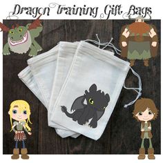 the dragon training gift bags are made from white linens and have cartoon characters on them