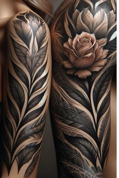 the back of a woman's arm with tattoos on it and a rose in the middle