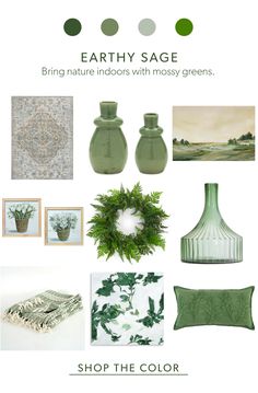 the earthy sage color scheme is shown with green accents and accessories, including vases,