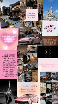 a collage of photos with pink cars and buildings in the background that says, i am