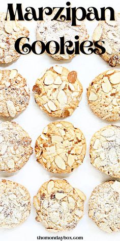 several cookies with powdered sugar on top and the words marzipan cookies above them