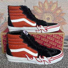 New In The Box Authentic Vans Men’s Sk8-Hi Flame Vn0005ujgwp Sneakers Red Fire Vans, Vans Skate Shoes With Red Sole For Streetwear, Slip-on Skate Shoes With Red Sole For Streetwear, Casual High-top Sneakers With Red Sole For Skateboarding, Vans High-top Skate Shoes With Red Sole, Slip-on High-top Sneakers With Red Sole For Streetwear, Casual Skate Shoes With Red Sole For Streetwear, Tie Dye Shoes, Vans Women