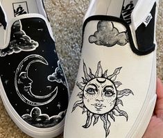 These shoes will be inspired by the image provided. One shoe will be white with a sun. The other will be black with a moon. Digital mock up will be provided to customer before production. Paint Vans Shoes Diy, Vans Shoe Designs, Drawing On Vans, Vans Art Shoes, Custom Vans Sun And Moon, Custom Vans Slip On Painted Shoes, Shoe Painting Ideas Vans, Vans Costumized, Custom Vans Ideas