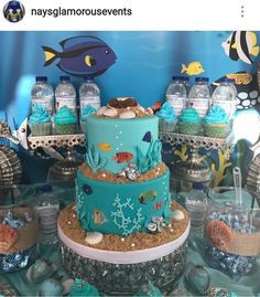 Under The Sea Baby Shower Cake, Under The Sea Baby Shower Ideas For Boys, Under The Sea Baby Shower Ideas, Under The Sea Dessert Table, Baby Shower Desserts Table, Sea Dessert, Baby Shower Card Message, Shower 2023, Desserts Table