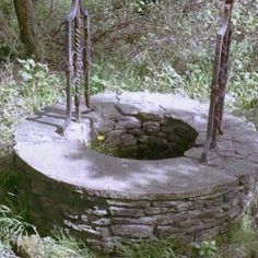 an outdoor fire pit in the middle of some grass and trees with two metal poles sticking out of it