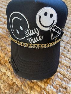 Stay True ❤️ with gold/pearl chain! Hat With Chains, Diy Beaded Trucker Hat Chain, Hat Chains Trucker, Bling Trucker Hat, Personalized Black Trucker Hat, Hat Chain, Custom Trucker Hats, Stay True, Pearl Chain