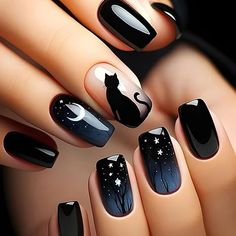 Get ready for the spooky season with these Halloween Cat Press-On Nails! This 24-piece manicure kit features medium-length black square fake nails adorned with a sparkling glitter design, perfect for adding a festive touch to your Halloween look. These glossy full-cover acrylic nails are easy to apply and remove, making them a fun and convenient choice for women and girls alike. Whether you're dressing up for a Halloween party or just want to showcase your love for all things spooky, these cute stick-on nails will have you looking fabulous in no time! Cat Nail Designs, Nails With Black, Cat Night, Halloween Press On Nails, Halloween Acrylic Nails, Pointed Nails, Nails Glitter