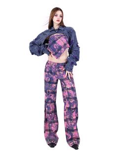 Whimsical two-piece pajama set featuring an all-over print of mystical cats and moons in shades of purple and pink. The long-sleeved top has a relaxed fit with a ruffled hem. Matching wide-leg pants complete the cozy ensemble. Soft fabric ensures comfort for lounging or sleeping. Material Info100% polyester fiber Model info Height: 170cm Weight: 46kg Wearing size: M Bandana Top, Y2k Shorts, Bandana Styles, Pantalon Large, Wide Pants, Purple Hues, Short Coat, Pink Plaid, Short Jacket