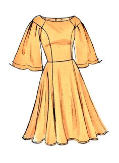 a drawing of an orange dress with bell sleeves and pleaed hems on the shoulders